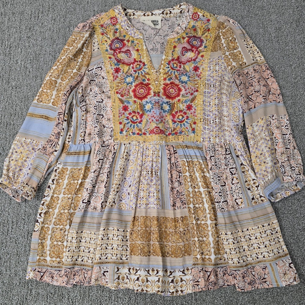 Savanna Jane Embroidered Boho Peasant Tunic Top M Floral Patchwork Festival - Picture 1 of 7